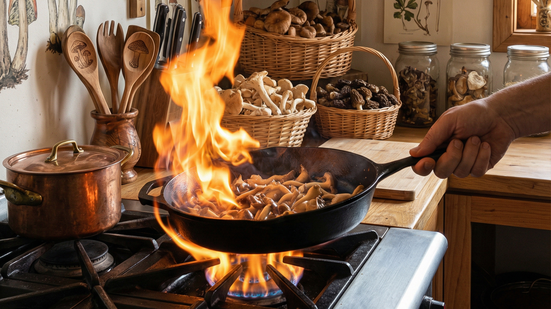 Cocina al fuego con hongos